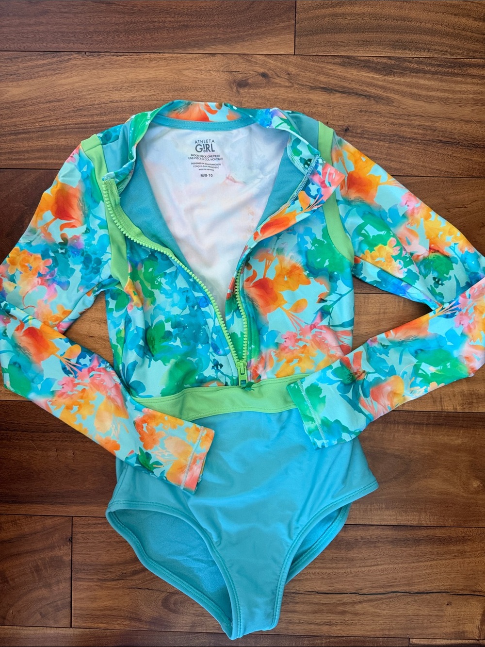 NWOT Athleta Girl Floral Aqua and Orange Long-Sleeve One-Piece Rash Guard